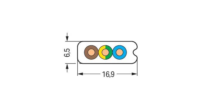 Querschnittsdiagramm eines Kabels mit drei farbigen Leitern: braun, gelb-grün und blau. Außenabmessungen betragen 6,5 mm x 16,9 mm.