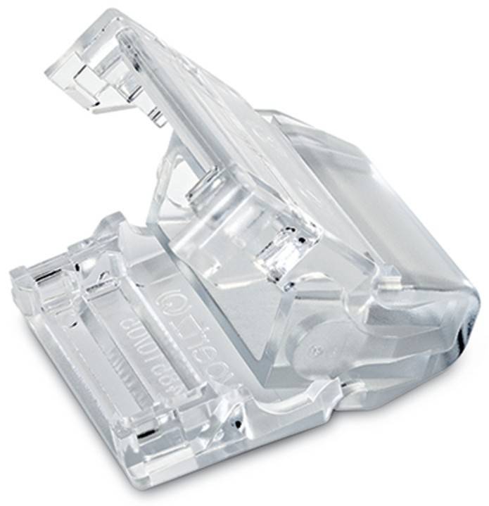 Eine transparente, offene Scharnierabdeckung, die Geräte schützt, indem sie deren Kanten sicher abdeckt und abschirmt.