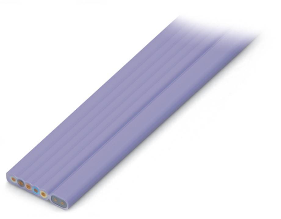 Blaues Bandkabel mit drei farbigen Drähten, die am Ende sichtbar sind.
