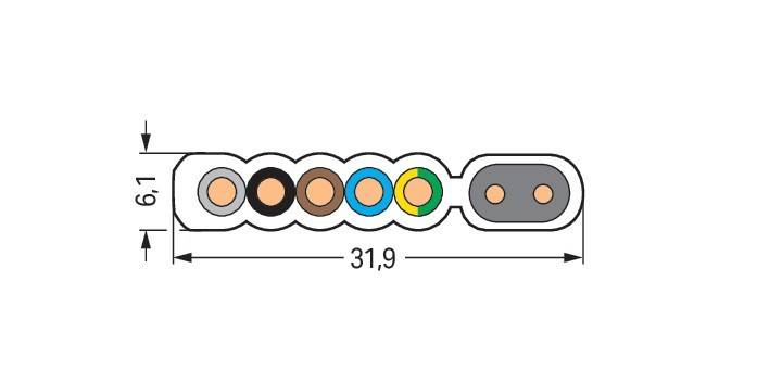 Querschnittsdiagramm eines Siebenkern-Kabels, das Drähte in den Farben: weiß, schwarz, braun, blau, grün/gelb, orange zeigt, mit einer Gesamtbreite von 31,9 mm.