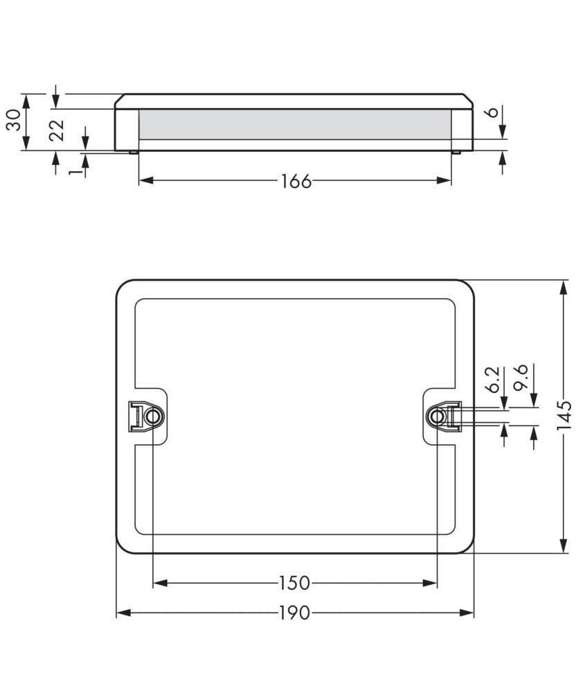 Rechteckige technische Zeichnung mit Maßangaben: 166 mm Breite, 190 mm Höhe, 22 mm und 30 mm Tiefe, mit markierten Positionen für Schrauben.
