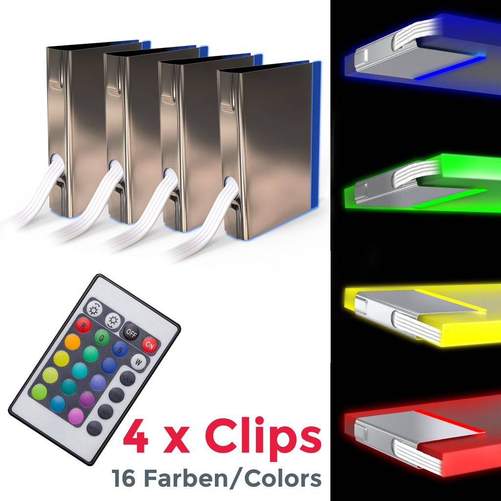4 LED Clips RGB Glasboden-Beleuchtung Glaskantenlichter Leuchten Vitrine Schrank