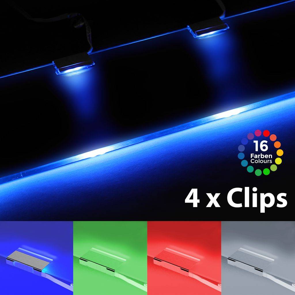 4 LED Clips RGB Glasboden-Beleuchtung Glaskantenlichter Leuchten Vitrine Schrank