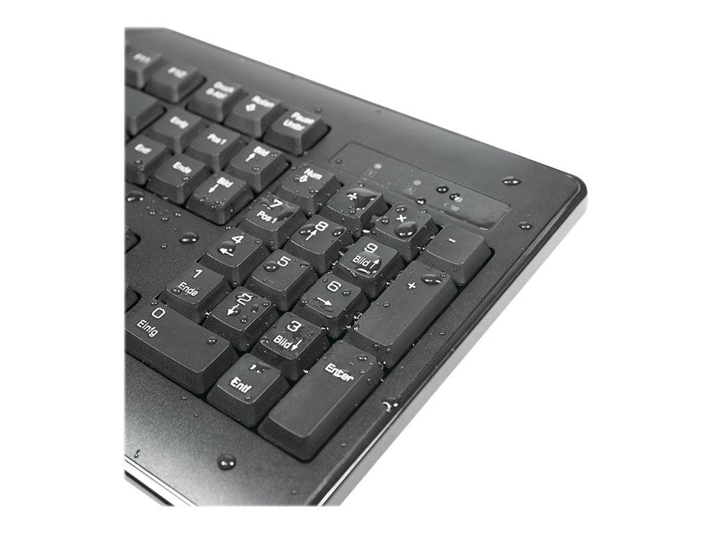 Nahaufnahme einer schwarzen Computertastatur mit Wassertropfen auf den Tasten und dem Gehäuse, was darauf hindeutet, dass sie nass ist oder Feuchtigkeit ausgesetzt wurde.