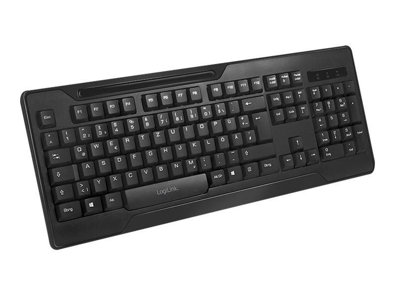 Schwarze Logitech Vollformat-Tastatur mit Kabel, schräg auf weißem Hintergrund dargestellt.