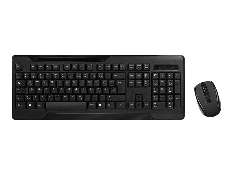 Schwarze kabellose Tastatur mit einer passenden Maus auf weißem Hintergrund.
