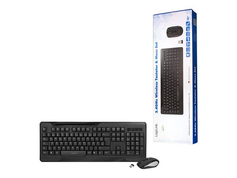 Drahtloses Tastatur- und Mausset, dargestellt mit Produktverpackung auf weißem Hintergrund.