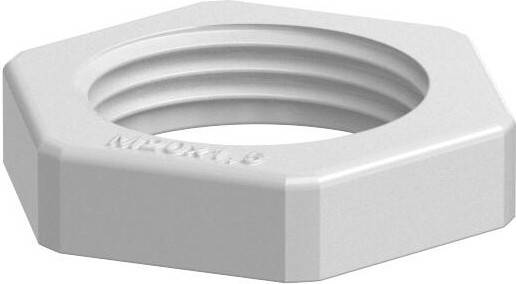 Eine weiße, sechseckige Gewindemutter, die zum Befestigen und Sichern von Verbindungen in mechanischen oder sanitären Anwendungen verwendet wird.
