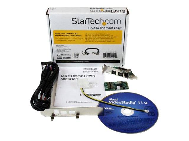 StarTech.com Mini PCI Express FireWire-Adapterkarte mit Kabel, Karte, Handbuch, Halterung und Software-CD auf weißem Hintergrund angezeigt.