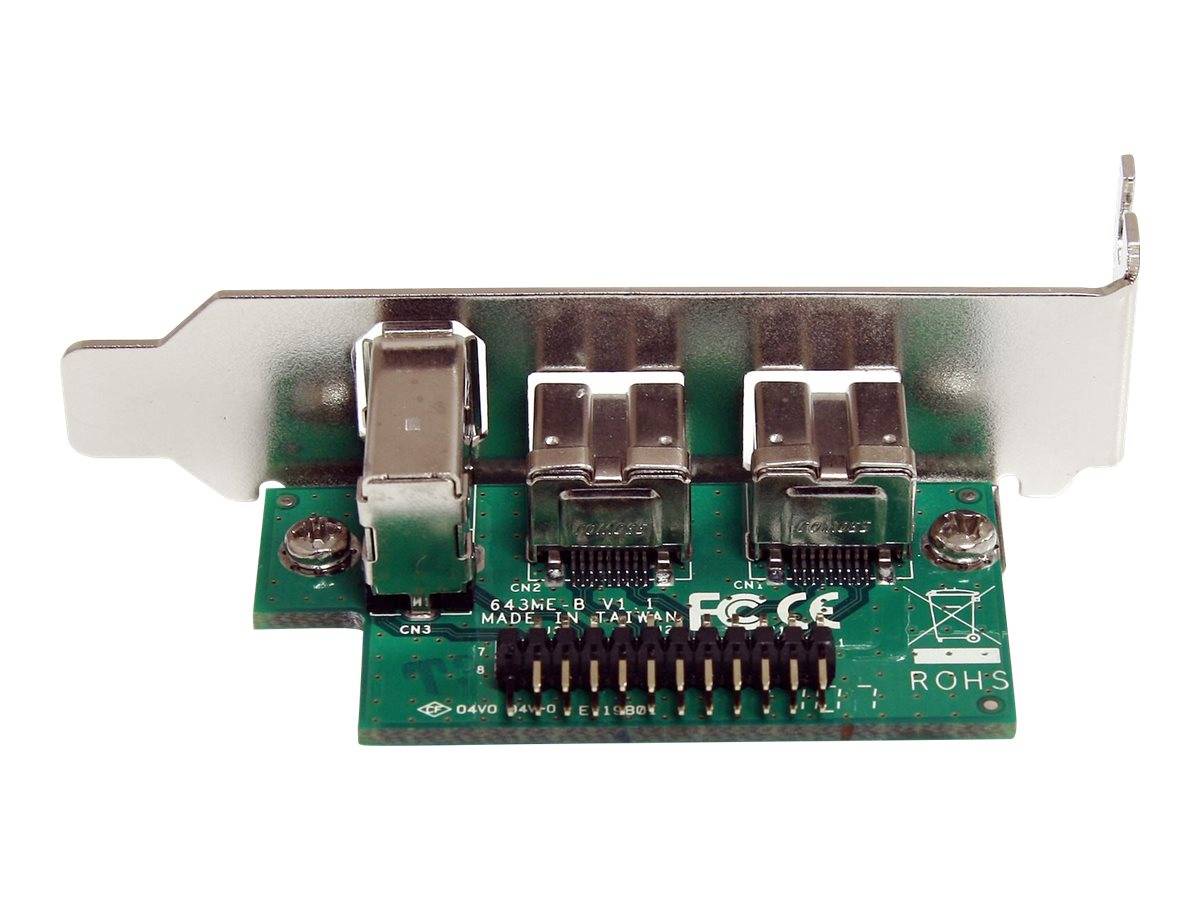 PCIe-Erweiterungskartenengehäuse mit einem USB-Anschluss und zwei gestapelten Ethernet-Anschlüssen, gezeigt auf einer grünen Platine mit Steckverbinderpins und Befestigungsschrauben.