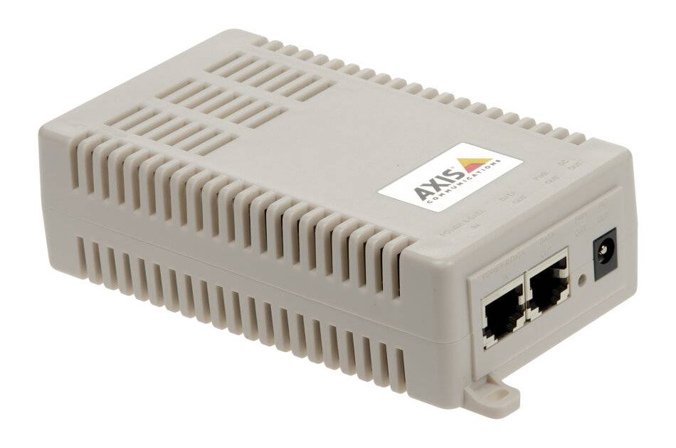 Beiges Axis-Netzwerkgerät oder Power-Injector mit Belüftungsschlitzen, zwei Ethernet-Anschlüssen und einer Strombuchse auf der Frontplatte
