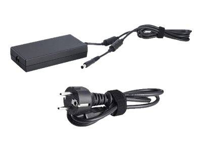 Schwarzes Netzteil mit angebrachtem Kabel und Stecker, gezeigt mit Hohlstecker und abnehmbarem Stromstecker auf weißem Hintergrund