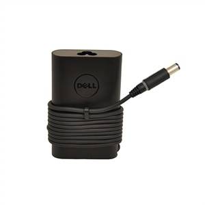 Dell Laptop-Stromadapter mit Spiralkabel und Rundstecker auf weißem Hintergrund.