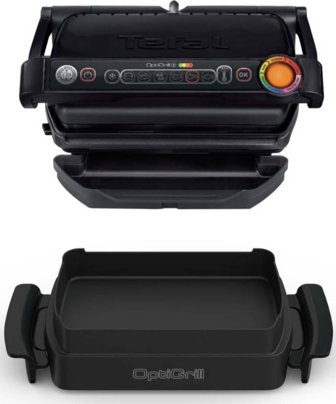 Ein Elektro-Tischgrill mit offenem Deckel, Bedienungstasten und einem Temperaturregler an der Vorderseite, vor einem weißen Hintergrund platziert.