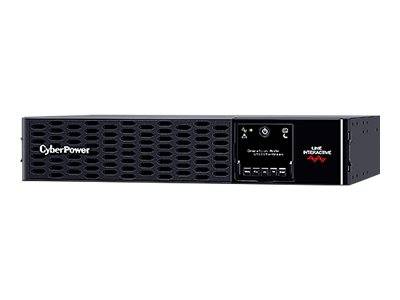 Schwarzes CyberPower-Rack-UPS mit Frontblende, digitalem Display und „Line Interactive
