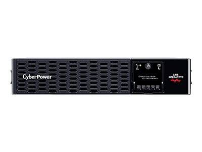 Vorderansicht einer in einem Gestell montierten CyberPower-USV mit perforiertem Gitter, kleinem Statusdisplay und „Line Interactive