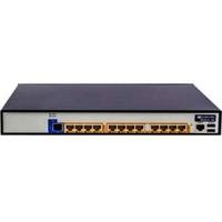 Vorderansicht eines Netzwerk-Switches mit mehreren Ethernet-Anschlüssen und einem Stromversorgungs-/Eingabebereich auf der rechten Seite