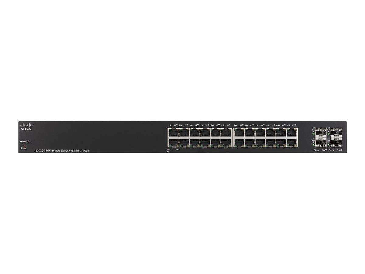 Cisco 220 Series SG220-28MP - Switch - managed - 24 x 10/100/1000 + 4 x Gigabit SFP - Desktop, an Rack montierbar - PoE (375 W)