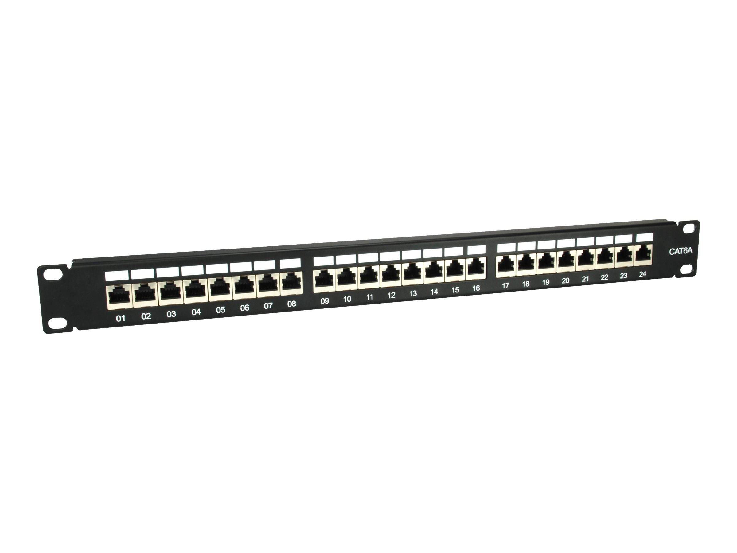 Vorderansicht eines 24-Port-Cat6-Patchpanels mit nummerierten Ethernet-Buchsen für Netzwerkkabelverbindungen.
