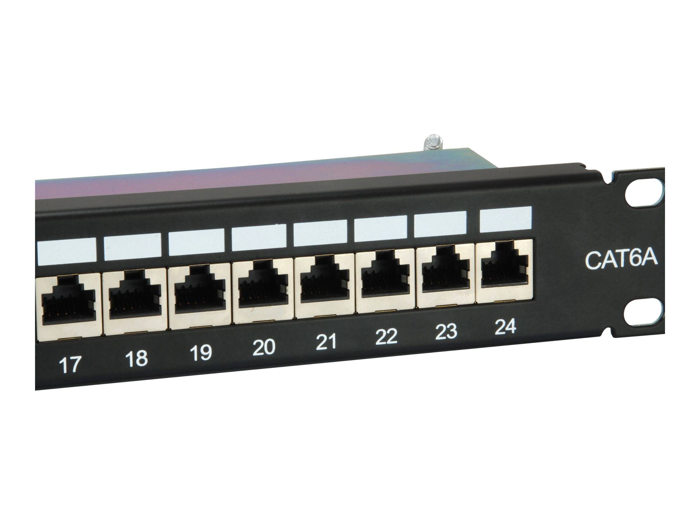 24-Port CAT6A Patch Panel mit nummerierten Ethernet-Buchsen 17-24 auf schwarzer Rack-Mount-Frontplatte