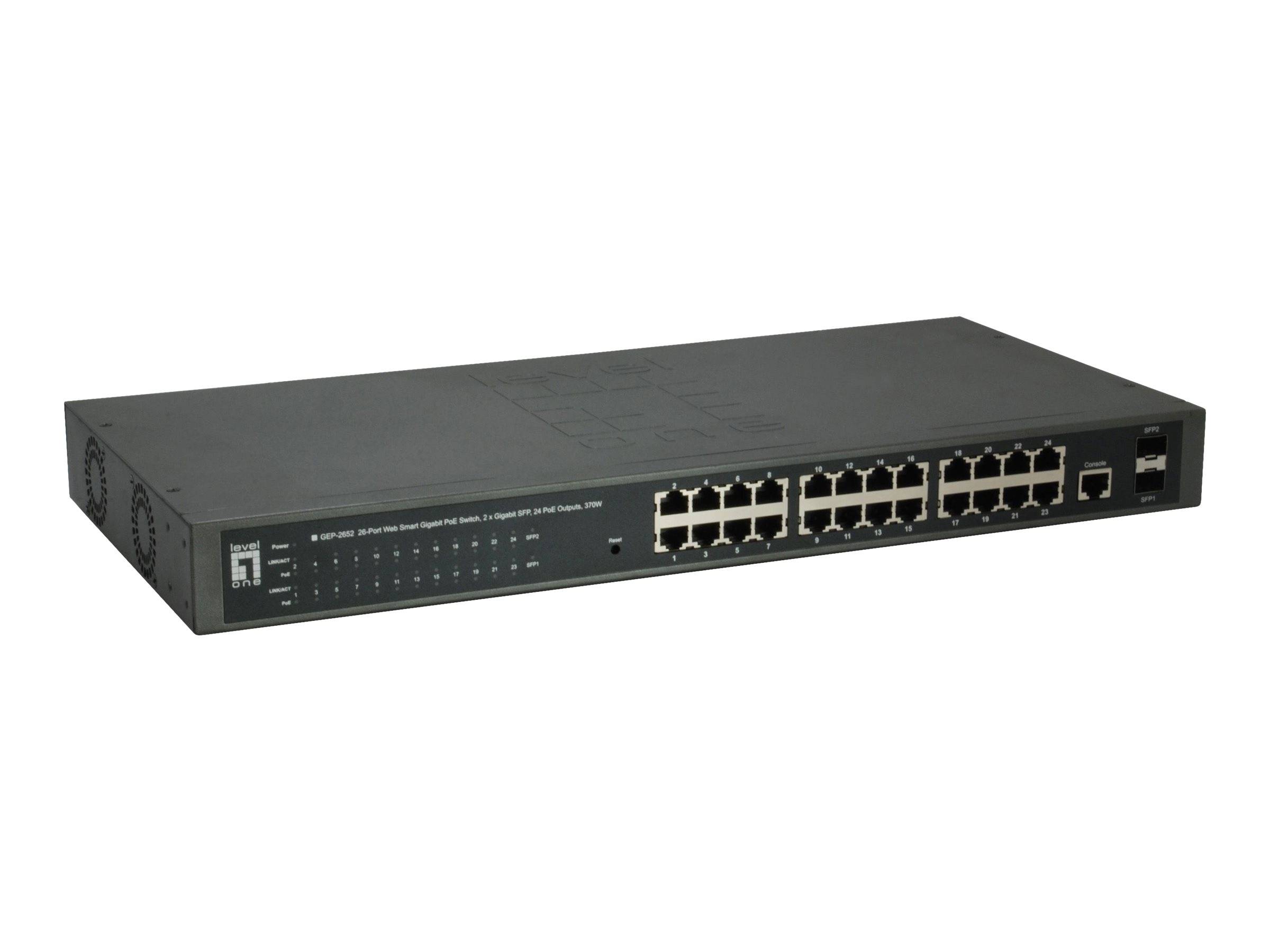 Schwarzer 24-Port Ethernet-Netzwerk-Switch mit Front-Panel-Status-LEDs und zwei Uplink-Ports auf weißem Hintergrund