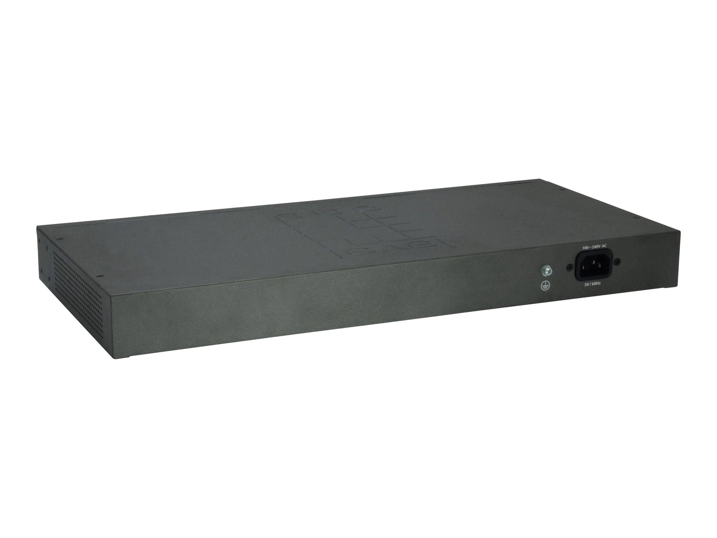 Schwarzes rechteckiges Rack-Mount-Elektronikgerät mit einem vorderen Stromverbinder und Anzeigelampen auf weißem Hintergrund