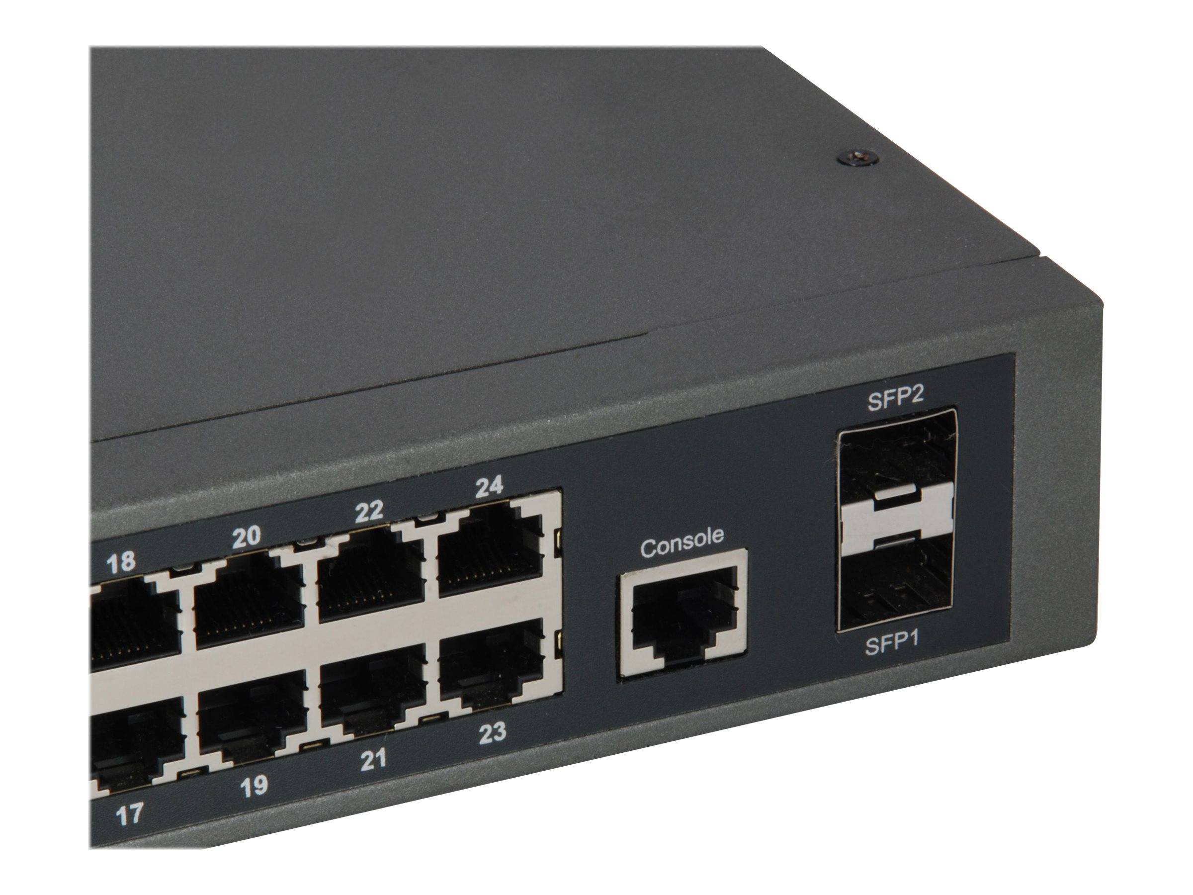 Nahaufnahme eines Netzwerk-Switches mit nummerierten Ethernet-Anschlüssen, einem Konsolenport und zwei SFP-Glasfaser-Uplink-Steckplätzen.