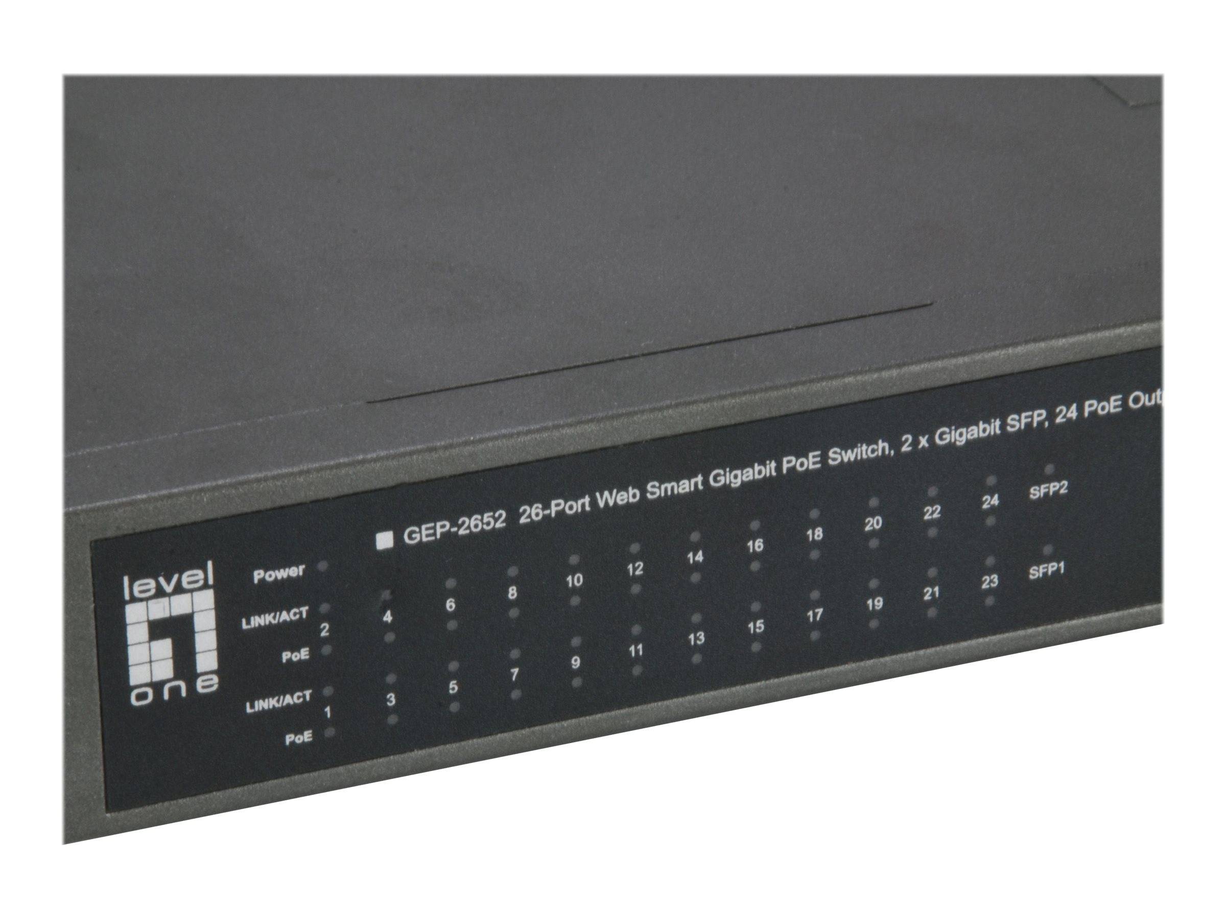 Frontblende eines LevelOne 26-Port Web Smart Gigabit PoE Switches, mit LED-Anzeigen für Stromversorgung und Portstatus sowie gekennzeichneten Ports SFP1 und SFP2.