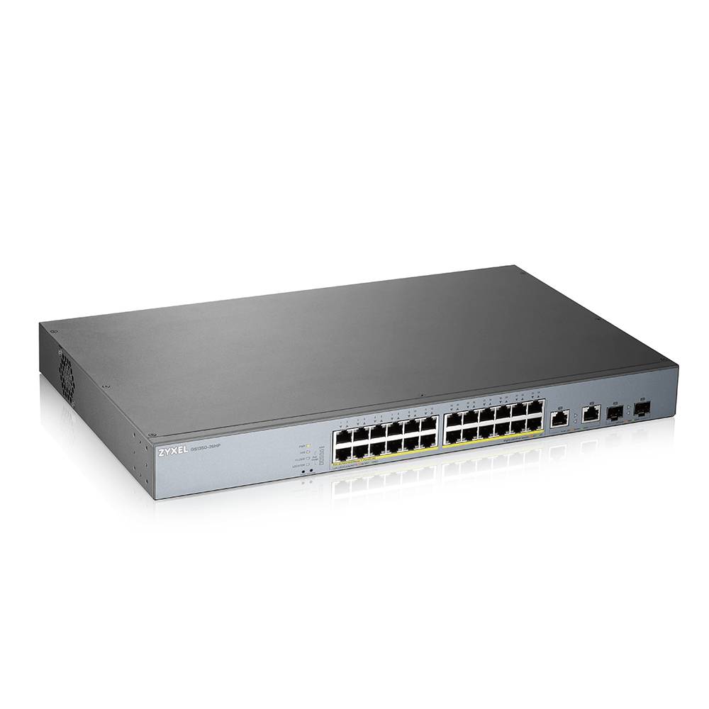 Rack-montierter Zyxel Ethernet-Netzwerk-Switch mit 24 Anschlüssen, dargestellt auf weißem Hintergrund.