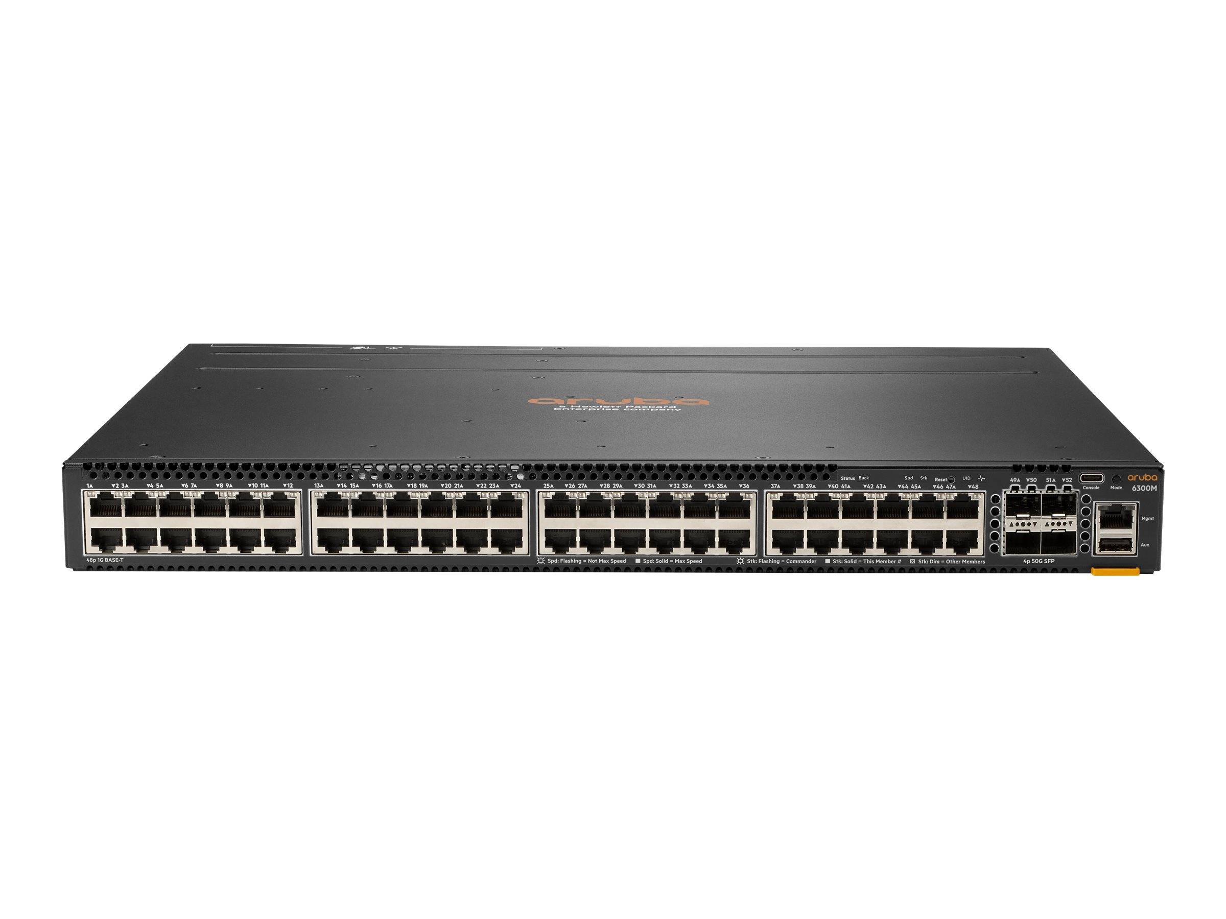 Frontalansicht eines 48-Port-Netzwerk-Switches mit Ethernet-Anschlüssen und Uplink-Slots auf einfachem weißem Hintergrund.