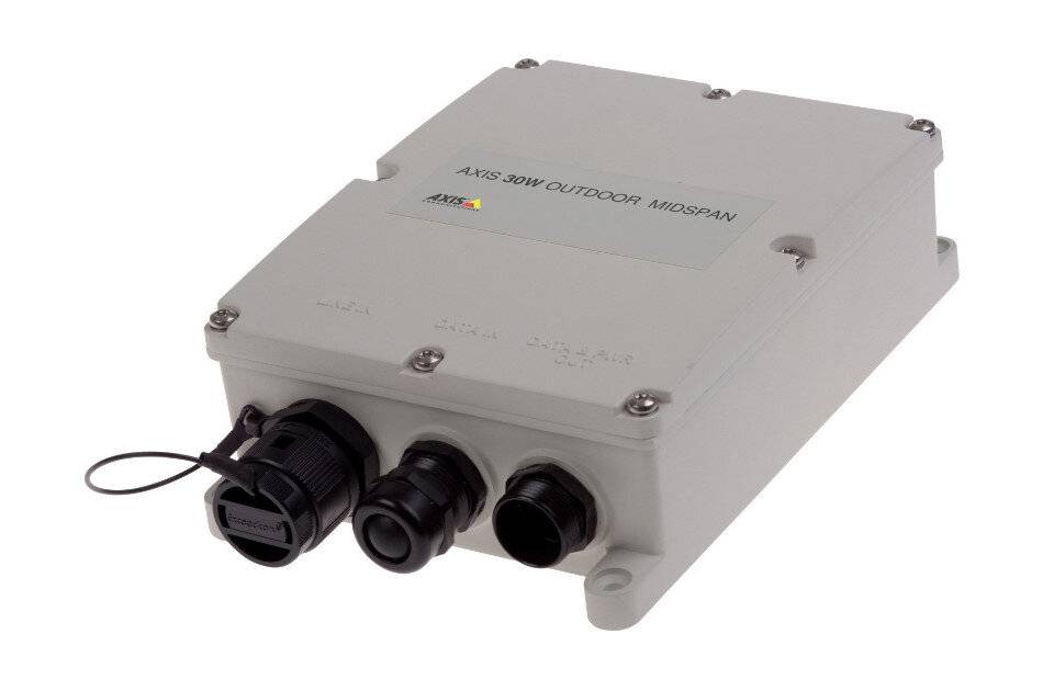 Graues Außenschaltgehäuse mit drei schwarzen Kabelanschlüssen und einem Deckel mit der Bezeichnung „AXIS 30W OUTDOOR MIDSPAN