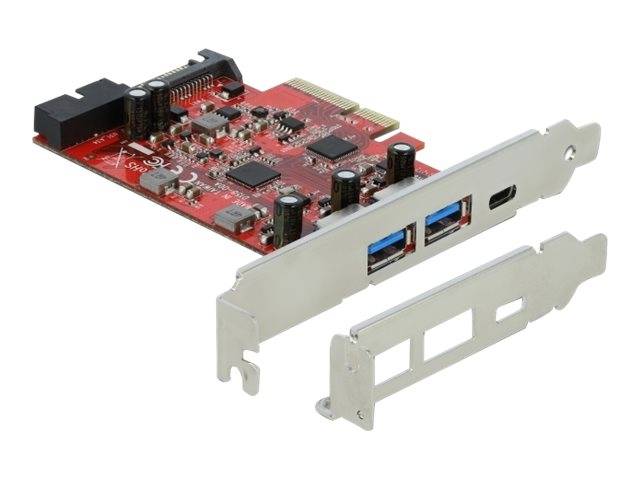 PCIe-Erweiterungskarte mit zwei USB-3.0-Anschlüssen und einer Metallhalterung, gezeigt mit einer separaten Low-Profile-Halterung und der freiliegenden Leiterplatte.
