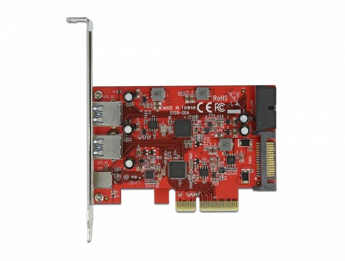 Rote PCIe-Erweiterungskarte mit zwei USB-Anschlüssen, einem Steckverbinder auf der rechten Seite und Montageklammer.