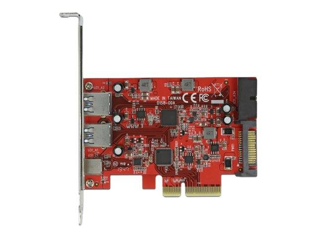 Rote PCIe-Erweiterungskarte mit Metallhalterung, mehreren Anschlüssen und vergoldetem Kantenverbinder auf weißem Hintergrund.