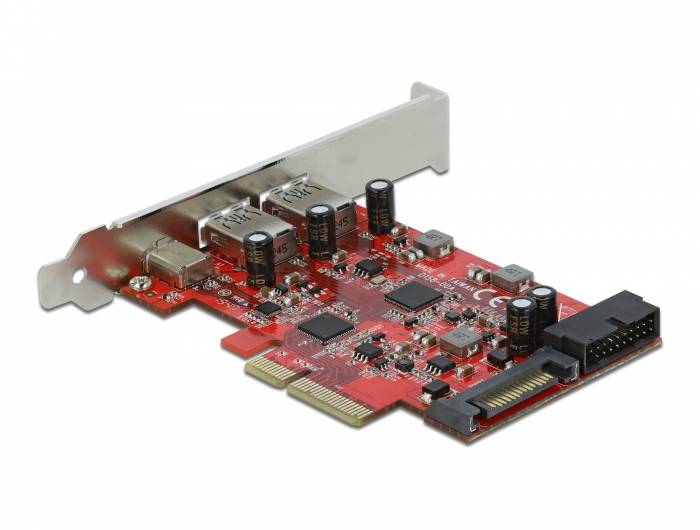 Interne Computererweiterungskarte mit Metallhalterung, Chips, Kondensatoren und Anschlussanschlüssen auf weißem Hintergrund