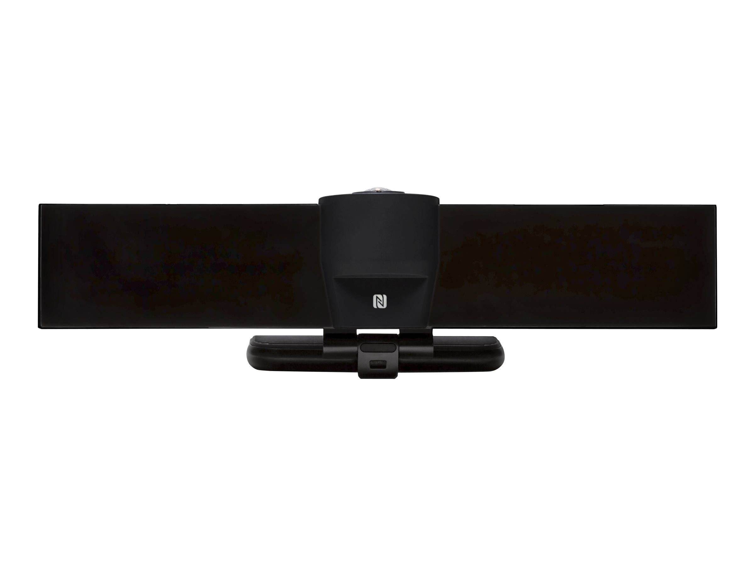 Schwarzer ultrabreiter Monitor mit zentraler Webcam und Clip-On-Halterung, frontal vor weißem Hintergrund gezeigt.