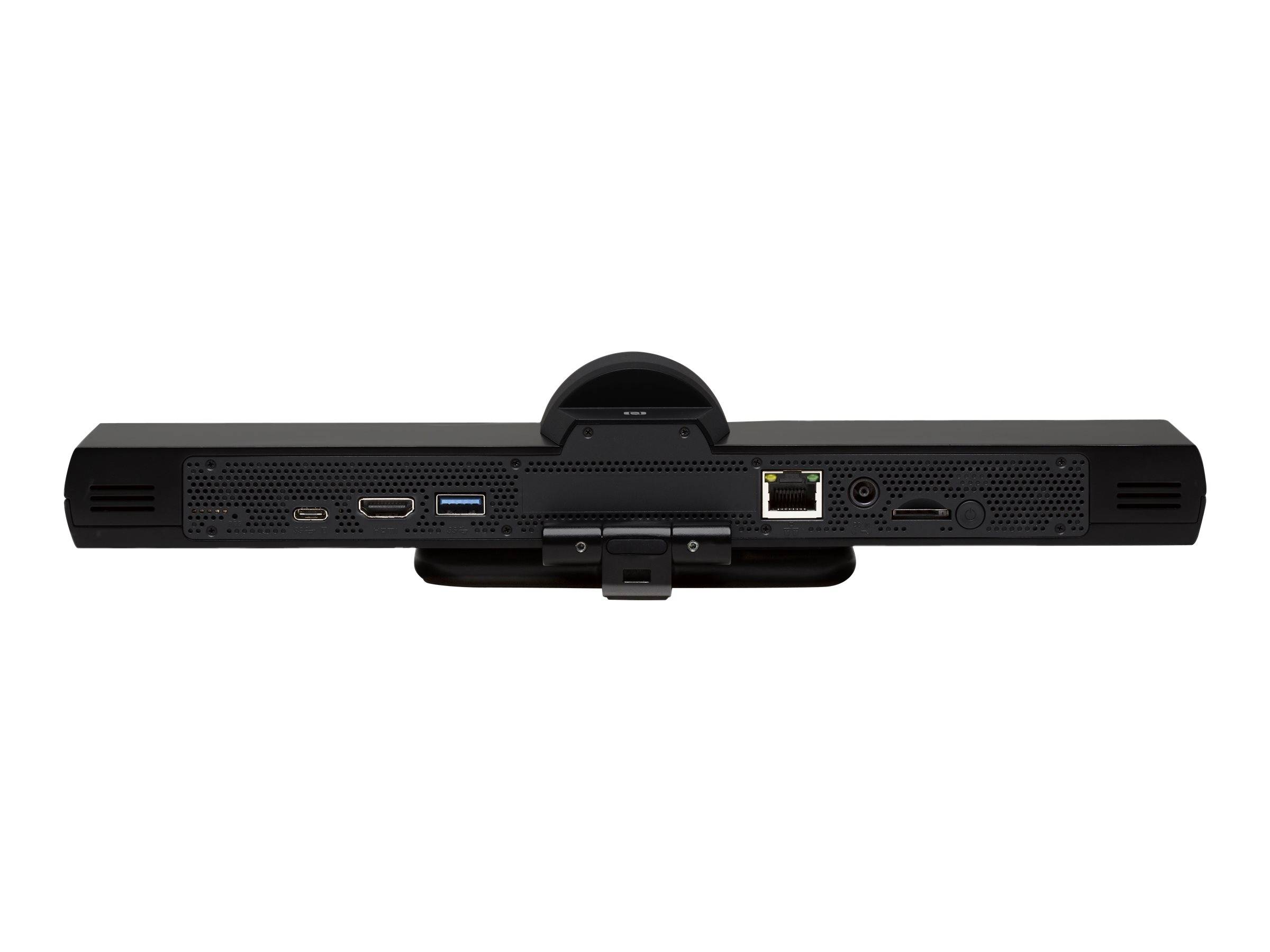 Schwarze Videokonferenz-Kamerabar mit zentraler Linse, Befestigungsclip und vorderen Anschlüssen einschließlich USB und HDMI auf weißem Hintergrund