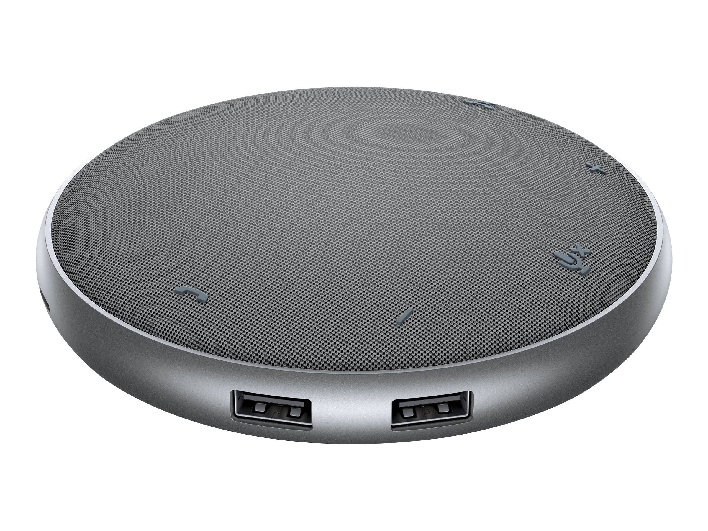 Rundes graues Freisprechgerät mit Meshoberfläche oben, Lautstärkeregelungssymbolen und zwei USB-Anschlüssen an der vorderen Kante.