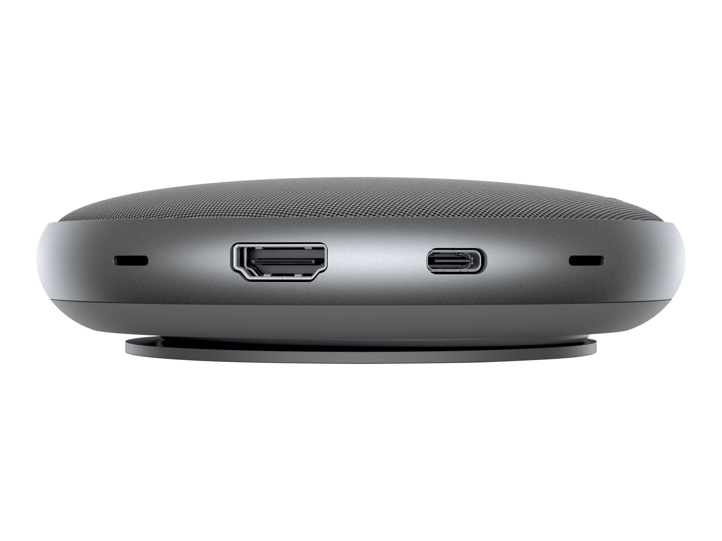Seitenansicht eines kleinen runden schwarzen Lautsprechers mit HDMI- und USB-C-Anschlüssen auf der Rückseite.