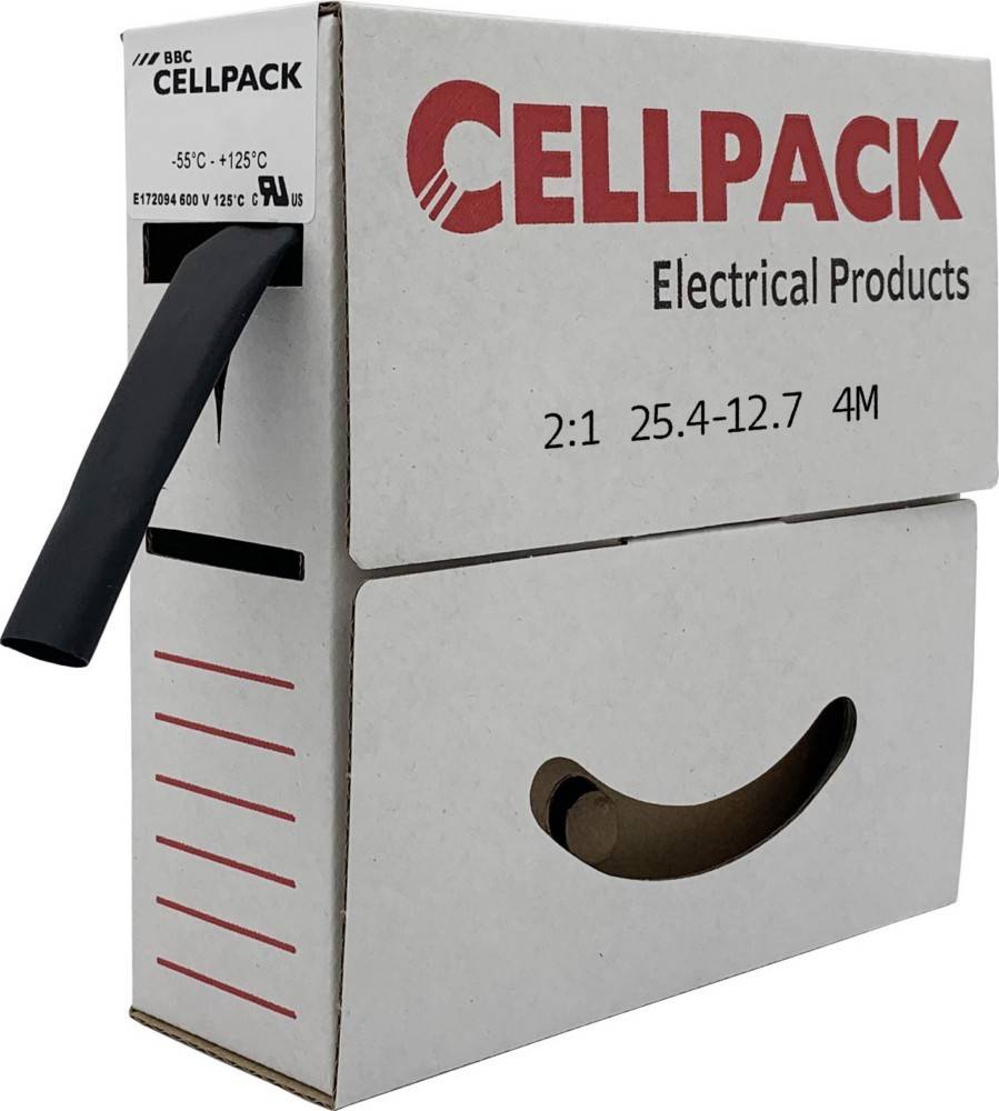 Eine Schachtel mit der Aufschrift 'Cellpack Electrical Products', aus der ein Kabel herausragt; Spezifikationen umfassen 2:1, 25,4-12,7, 4M.