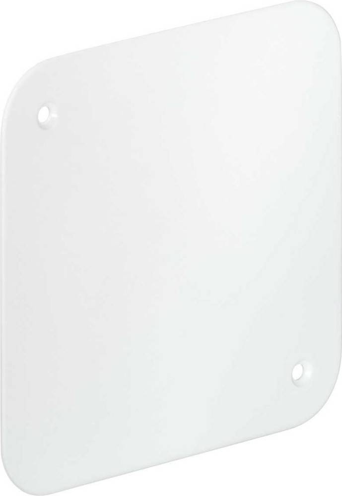 Ein weißes, glattes, rechteckiges Objekt mit abgerundeten Ecken und zwei sichtbaren Schraubenöffnungen, möglicherweise Teil einer Haushaltsvorrichtung oder -gerät.