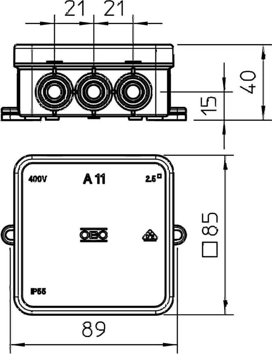 Technische Zeichnung einer Box (A 11) mit Maßen: 40 und 15 Einheiten hoch, 85 Einheiten breit. Beschriftungen umfassen 'IP65' und '400V'.