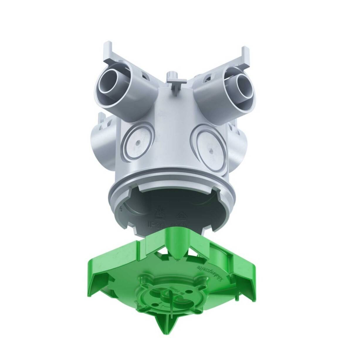 Ein zerlegtes Rohrleitungsventilsystem, das einen grauen Ventilkörper mit zwei Ausgängen und einer grünen Basis zeigt, der in Sanitärinstallationen verwendet wird.