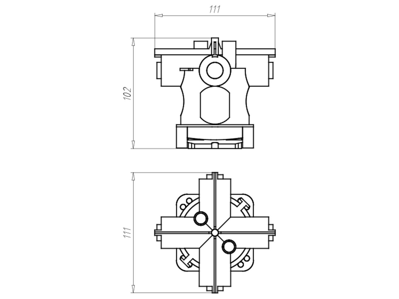 Technische Zeichnung eines Rohrverbinders mit Maßen: Draufsicht (Breite 111) und Seitenansicht (Höhe 102, Breite 111).