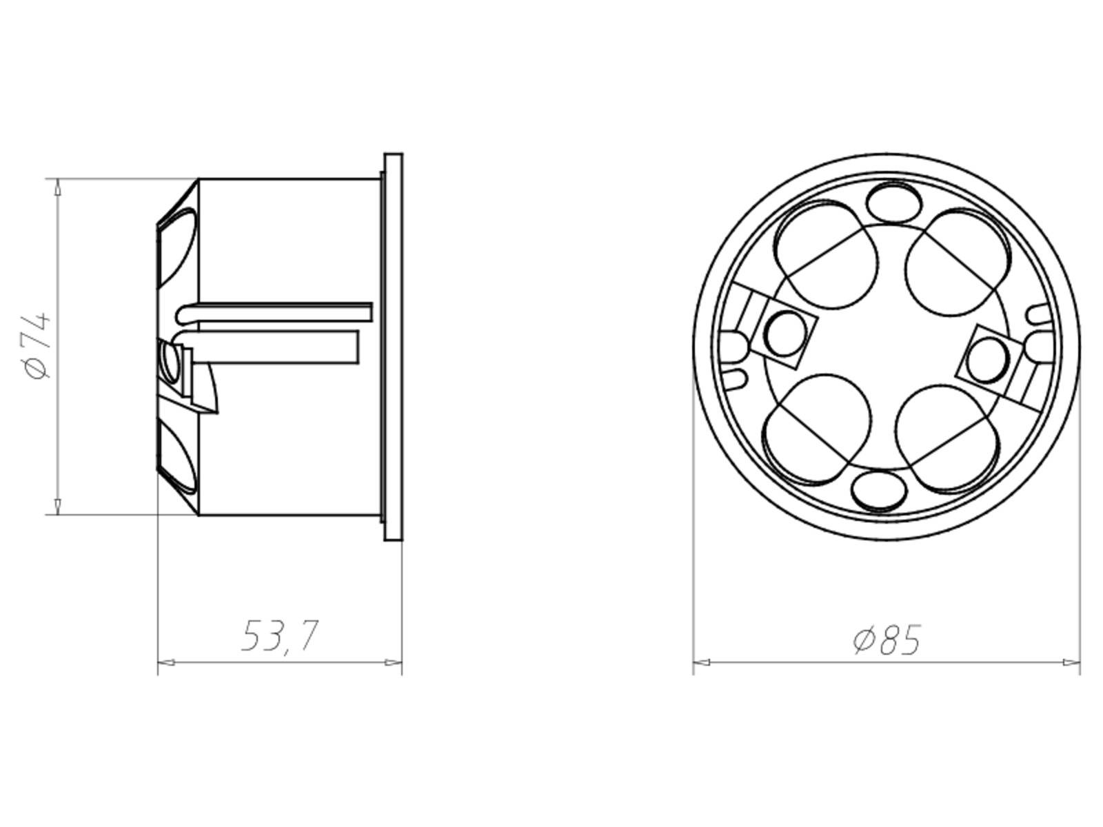 Technische Zeichnung einer zylindrischen Komponente mit einem Durchmesser von 85 Einheiten und einer Länge von 53,7 Einheiten, mit internen Kreissektionen.