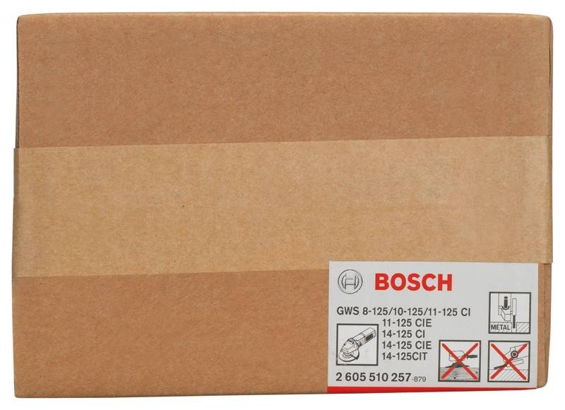 Eine Pappschachtel mit einem Bosch-Etikett in der unteren rechten Ecke, auf dem die Modelle GWS 8-125/10-125/11-125 CI aufgeführt sind, mit einem WarnSymbol.