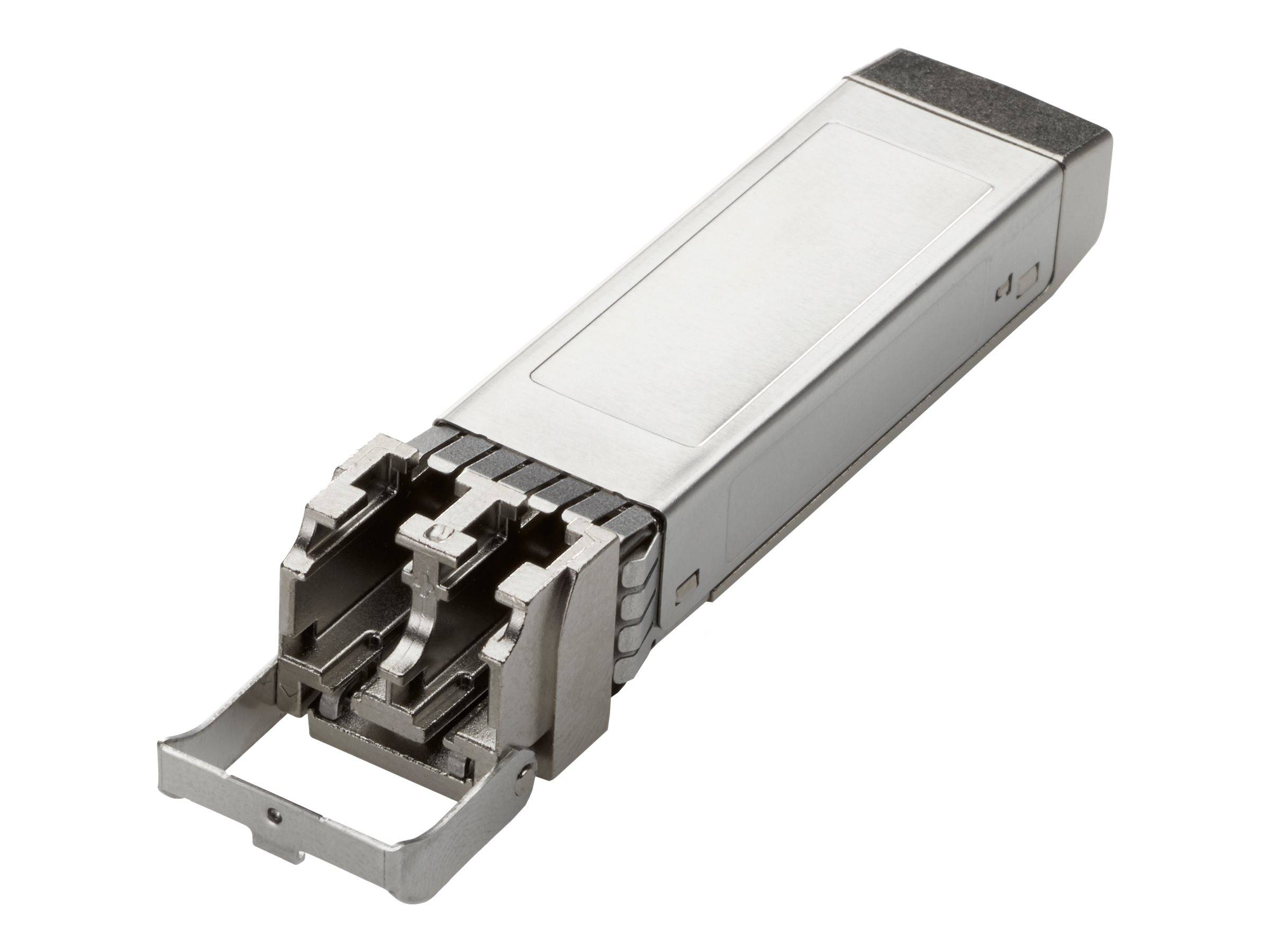 Silbernes SFP-Transceiver-Modul mit Metallzuglasche, gezeigt auf weißem Hintergrund.