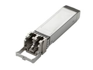 Metallisches Hot-Swap-Netzwerk-Transceiver-Modul mit Zuglasche, isoliert auf weißem Hintergrund dargestellt.