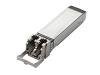 Kleines silbernes rechteckiges optisches Transceiver-Modul mit Ziehlaschen, auf weißem Hintergrund dargestellt.