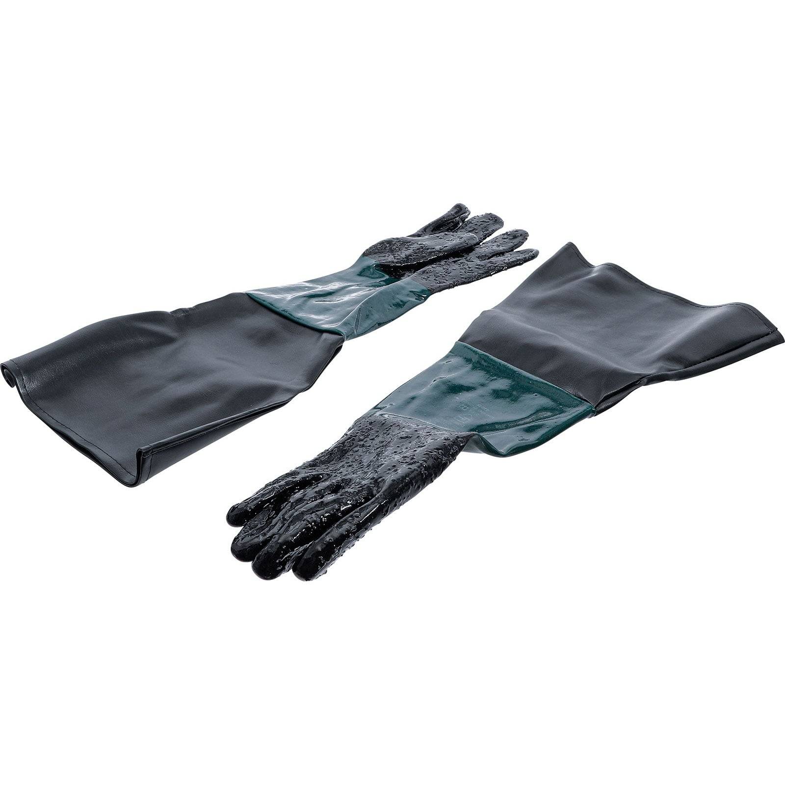 Schwarze und grüne Schutzhandschuhe für industrielle Anwendungen, die über den Ellbogen hinausreichen. Geeignet für den Umgang mit Chemikalien oder gefährlichen Materialien.